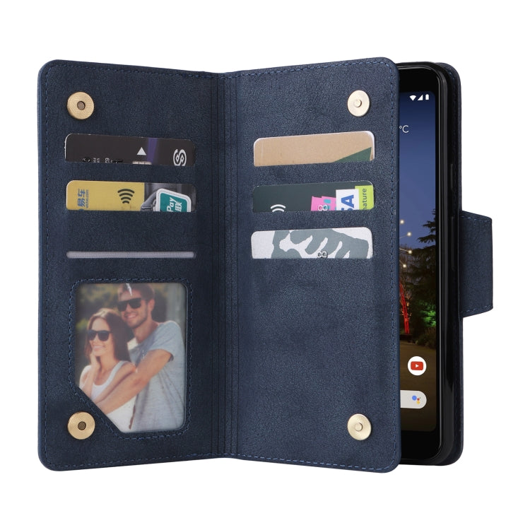 For Google Pixel 3A Rivet Buckle 9 Cards Three Fold Leather Phone Case(Blue) - Google Cases by PMC Jewellery | Online Shopping South Africa | PMC Jewellery | Buy Now Pay Later Mobicred