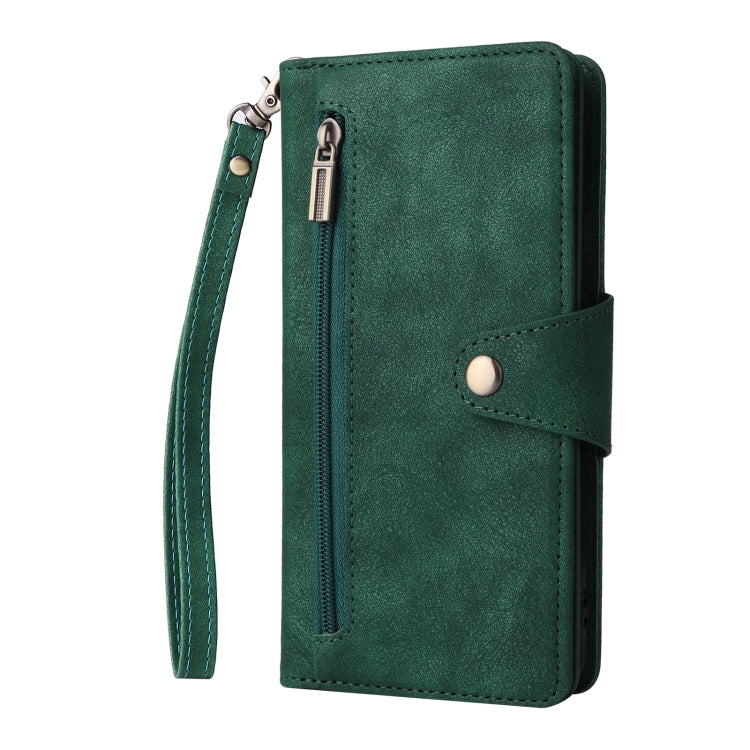 For Google Pixel 4A 5G Rivet Buckle 9 Cards Three Fold Leather Phone Case(Green) - Google Cases by PMC TechLife | Online Shopping South Africa | PMC TechLife | Buy Now Pay Later Mobicred