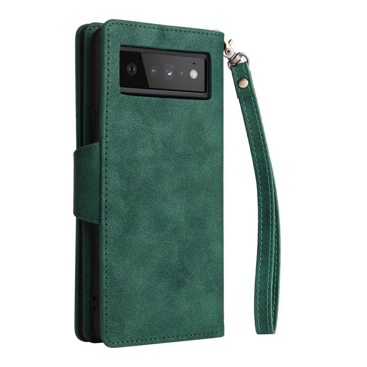 For Google Pixel 6 Pro Rivet Buckle 9 Cards Three Fold Leather Phone Case(Green) - Google Cases by PMC Jewellery | Online Shopping South Africa | PMC Jewellery | Buy Now Pay Later Mobicred