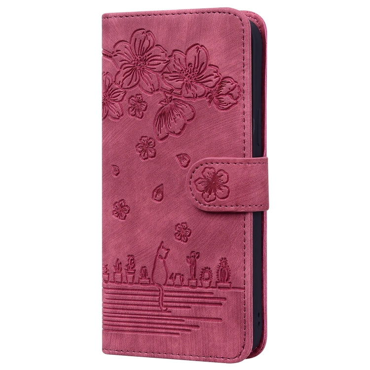 For Xiaomi Poco M3 / Redmi 9T Global Cartoon Sakura Cat Embossed Leather Phone Case(Wine Red) - Xiaomi Cases by PMC Jewellery | Online Shopping South Africa | PMC Jewellery