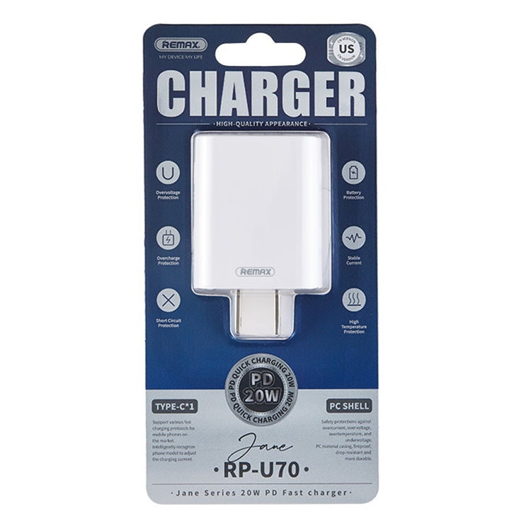 REMAX RP-U70 Jane Series 20W USB-C/Type-C PD Fast Charger, Specification:US Plug(White) - USB Charger by REMAX | Online Shopping South Africa | PMC Jewellery | Buy Now Pay Later Mobicred