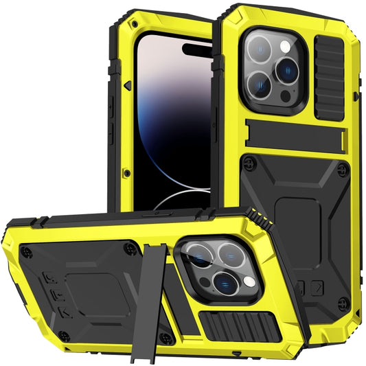 For iPhone 14 Pro R-JUST Shockproof Waterproof Dust-proof Case with Holder(Yellow) - iPhone 14 Pro Cases by R-JUST | Online Shopping South Africa | PMC Jewellery | Buy Now Pay Later Mobicred