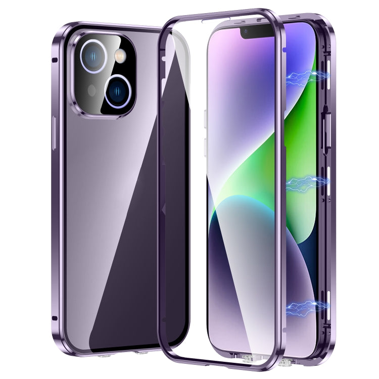 For iPhone 14 Magnetic Double-buckle HD Tempered Glass Phone Case (Purple) - iPhone 14 Cases by PMC Jewellery | Online Shopping South Africa | PMC Jewellery | Buy Now Pay Later Mobicred