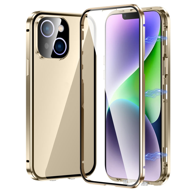 For iPhone 14 Plus Magnetic Double-buckle HD Tempered Glass Phone Case (Gold) - iPhone 14 Plus Cases by PMC Jewellery | Online Shopping South Africa | PMC Jewellery | Buy Now Pay Later Mobicred