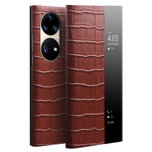 For Huawei P50 QIALINO Crocodile Pattern Side Window View Genuine Leather Phone Case(Brown) - Huawei Cases by QIALINO | Online Shopping South Africa | PMC Jewellery | Buy Now Pay Later Mobicred