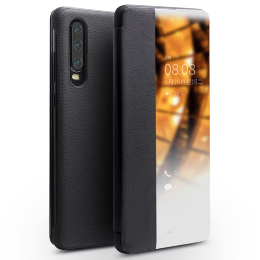 For Huawei P30 QIALINO Genuine Leather Side Window View Smart Phone Case(Black) - Huawei Cases by QIALINO | Online Shopping South Africa | PMC Jewellery | Buy Now Pay Later Mobicred