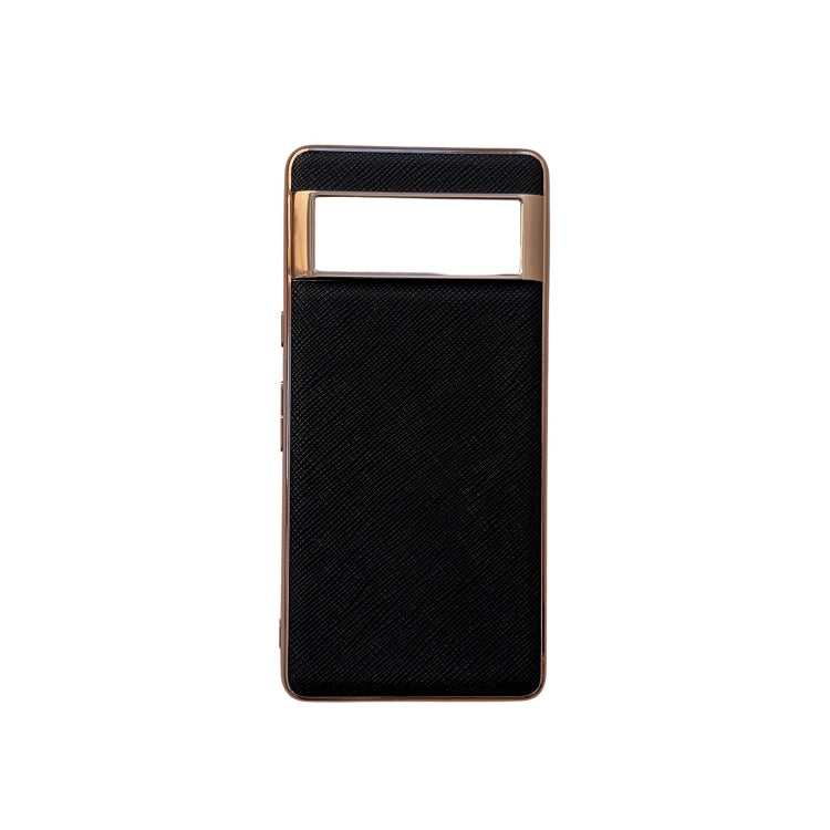 For Google Pixel 6a Nano Electroplating Cross Texture Genuine Leather Phone Case(Black) - Google Cases by PMC TechLife | Online Shopping South Africa | PMC TechLife | Buy Now Pay Later Mobicred