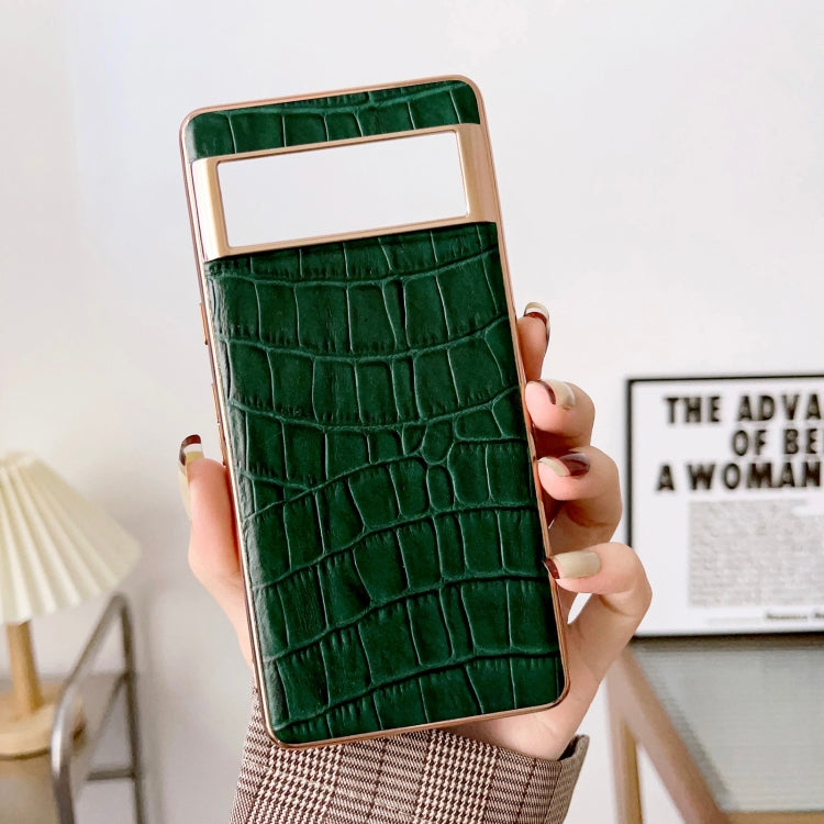 For Google Pixel 6 Pro Crocodile Texture Genuine Leather Electroplating Phone Case(Dark Green) - Google Cases by PMC TechLife | Online Shopping South Africa | PMC TechLife | Buy Now Pay Later Mobicred