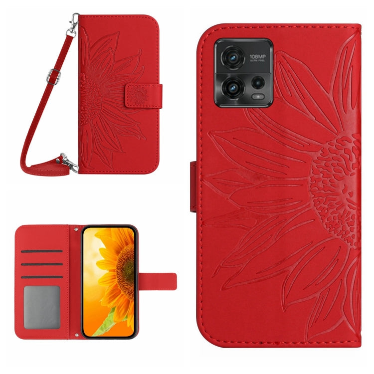 For Motorola Moto G72 5G Skin Feel Sun Flower Pattern Flip Leather Phone Case with Lanyard(Red) - Motorola Cases by PMC Jewellery | Online Shopping South Africa | PMC Jewellery | Buy Now Pay Later Mobicred