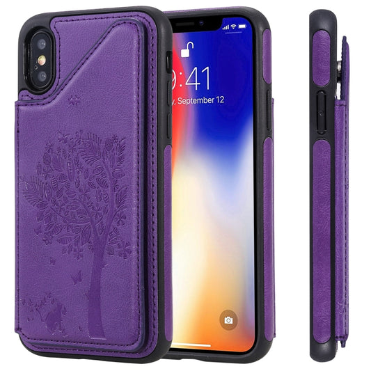 For iPhone XS / X Cat Tree Embossing Pattern Shockproof Protective Case with Card Slots & Photo Frame & Holder(Purple) - More iPhone Cases by PMC Jewellery | Online Shopping South Africa | PMC Jewellery