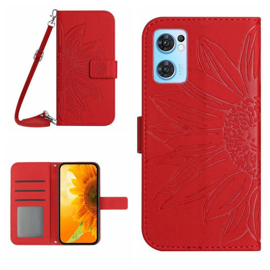 For OPPO Reno7 5G/Find X5 Lite Skin Feel Sun Flower Pattern Flip Leather Phone Case with Lanyard(Red) - OPPO Cases by PMC Jewellery | Online Shopping South Africa | PMC Jewellery | Buy Now Pay Later Mobicred