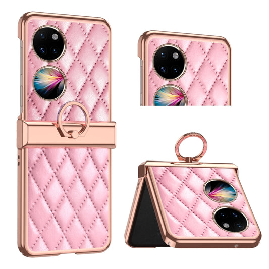 For Huawei P50 Pocket Grid Leather Pattern Electroplating Frame Folding Phone Case(Pink) - Huawei Cases by PMC Jewellery | Online Shopping South Africa | PMC Jewellery | Buy Now Pay Later Mobicred