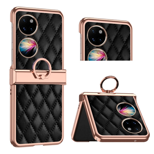 For Huawei P50 Pocket Grid Leather Pattern Electroplating Frame Folding Phone Case(Black) - Huawei Cases by PMC Jewellery | Online Shopping South Africa | PMC Jewellery | Buy Now Pay Later Mobicred