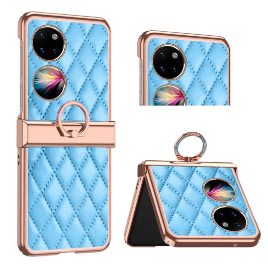 For Huawei P50 Pocket Grid Leather Pattern Electroplating Frame Folding Phone Case(Blue) - Huawei Cases by PMC Jewellery | Online Shopping South Africa | PMC Jewellery | Buy Now Pay Later Mobicred