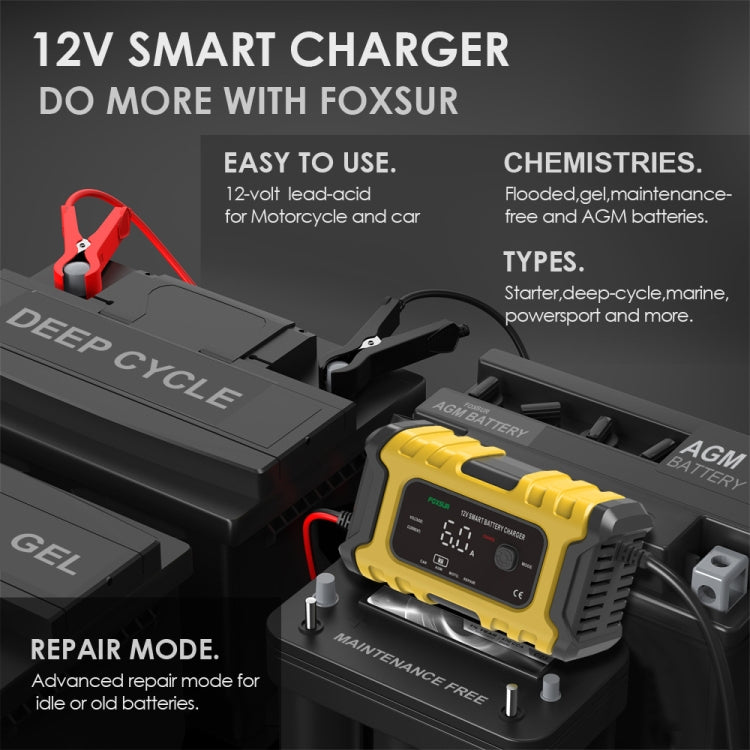 FOXSUR 6A 12V Motorcycle / Car Smart Battery Charger, Plug Type:US Plug(Yellow) - Battery Charger by FOXSUR | Online Shopping South Africa | PMC Jewellery | Buy Now Pay Later Mobicred