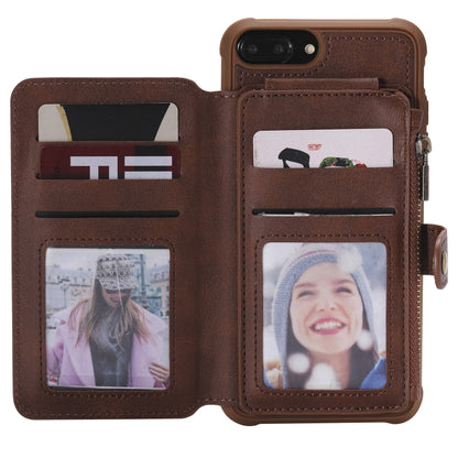 For iPhone 7 Plus / 8 Plus Zipper Shockproof Protective Case with Card Slots & Bracket & Photo Holder & Wallet Function(Coffee) - More iPhone Cases by PMC Jewellery | Online Shopping South Africa | PMC Jewellery