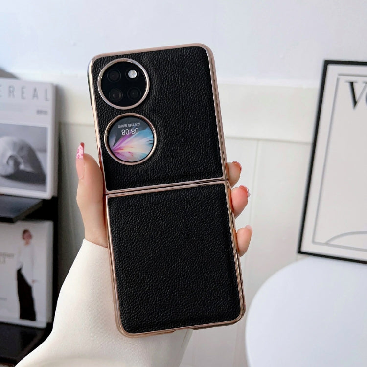 For Huawei P50 Pocket Nano Electroplating Genuine Leather Phone Case(Black) - Huawei Cases by PMC TechLife | Online Shopping South Africa | PMC TechLife | Buy Now Pay Later Mobicred