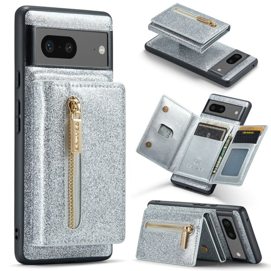 For Google Pixel 7 DG.MING M3 Series Glitter Powder Card Bag Leather Case(Silver) - Google Cases by DG.MING | Online Shopping South Africa | PMC Jewellery | Buy Now Pay Later Mobicred