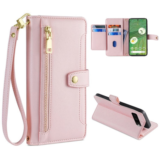 For Google Pixel 7 5G Sheep Texture Cross-body Zipper Wallet Leather Phone Case(Pink) - Google Cases by PMC Jewellery | Online Shopping South Africa | PMC Jewellery | Buy Now Pay Later Mobicred