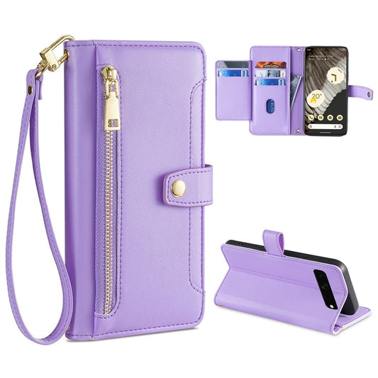 For Google Pixel 7 Pro Sheep Texture Cross-body Zipper Wallet Leather Phone Case(Purple) - Google Cases by PMC Jewellery | Online Shopping South Africa | PMC Jewellery | Buy Now Pay Later Mobicred