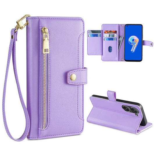 For ASUS Zenfone 9 / Zenfone 9Z Sheep Texture Cross-body Zipper Wallet Leather Phone Case(Purple) - ASUS Cases by PMC Jewellery | Online Shopping South Africa | PMC Jewellery | Buy Now Pay Later Mobicred