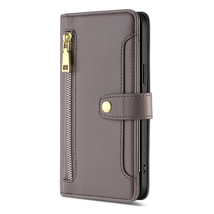 For OnePlus 11 Sheep Texture Cross-body Zipper Wallet Leather Phone Case(Grey) - OnePlus Cases by PMC TechLife | Online Shopping South Africa | PMC TechLife | Buy Now Pay Later Mobicred