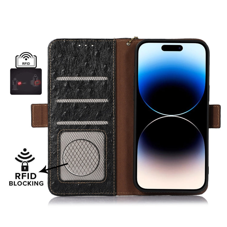 For Motorola Moto E13 4G 2023 Ostrich Pattern Genuine Leather RFID Phone Case(Black) - Motorola Cases by PMC TechLife | Online Shopping South Africa | PMC TechLife | Buy Now Pay Later Mobicred