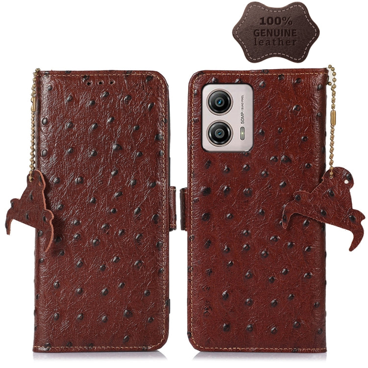 For Motorola Moto G73 5G Ostrich Pattern Genuine Leather RFID Phone Case(Coffee) - Motorola Cases by PMC TechLife | Online Shopping South Africa | PMC TechLife | Buy Now Pay Later Mobicred