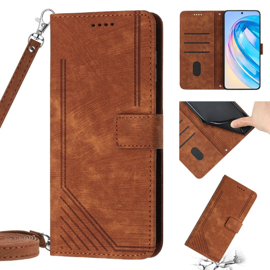 For Honor X7 4G / Play 30 Plus Skin Feel Stripe Pattern Leather Phone Case with Lanyard(Brown) - Honor Cases by PMC Jewellery | Online Shopping South Africa | PMC Jewellery