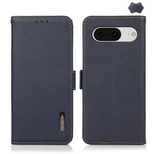 For Google Pixel 8 KHAZNEH Side-Magnetic Litchi Genuine Leather RFID Phone Case(Blue) - Google Cases by PMC Jewellery | Online Shopping South Africa | PMC Jewellery | Buy Now Pay Later Mobicred