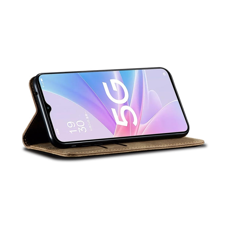 For OPPO A98 5G Denim Texture Casual Style Horizontal Flip Leather Case(Khaki) - OPPO Cases by PMC TechLife | Online Shopping South Africa | PMC TechLife