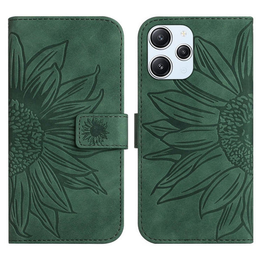 For Xiaomi Redmi 12 4G Global Skin Feel Sun Flower Embossed Flip Leather Phone Case with Lanyard(Green) - Xiaomi Cases by PMC Jewellery | Online Shopping South Africa | PMC Jewellery | Buy Now Pay Later Mobicred