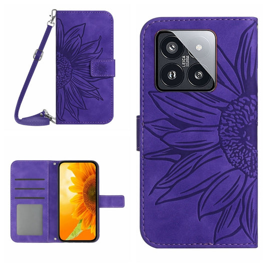 For Xiaomi 14 Pro Skin Feel Sun Flower Embossed Flip Leather Phone Case with Lanyard(Dark Purple) - 14 Pro Cases by PMC Jewellery | Online Shopping South Africa | PMC Jewellery | Buy Now Pay Later Mobicred