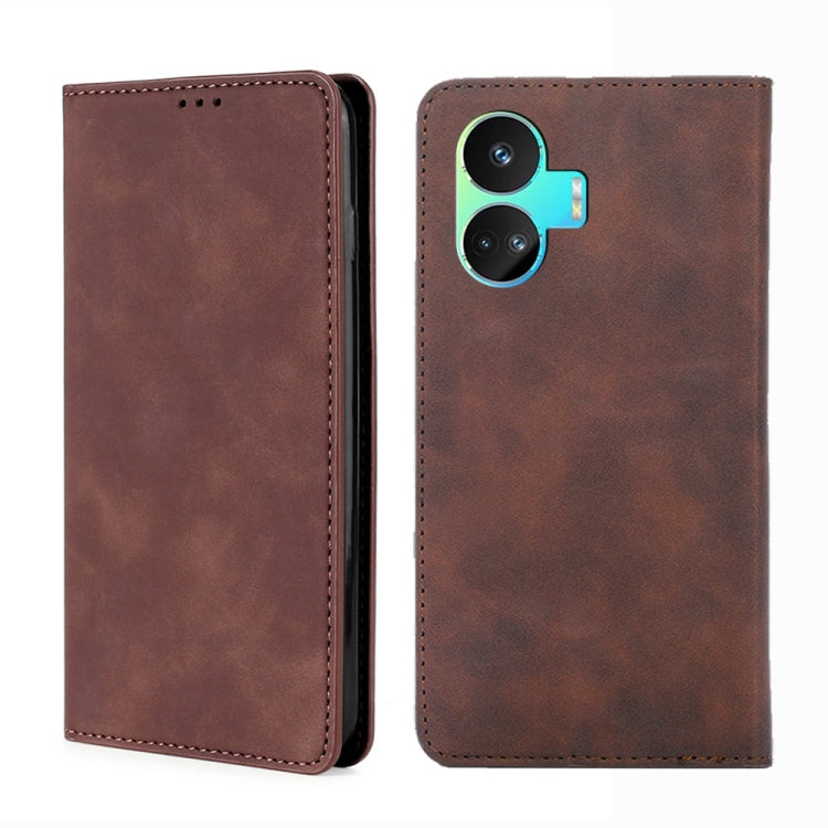 For Realme GT Neo5 SE Skin Feel Magnetic Leather Phone Case(Dark Brown) - Realme Cases by PMC Jewellery | Online Shopping South Africa | PMC Jewellery | Buy Now Pay Later Mobicred