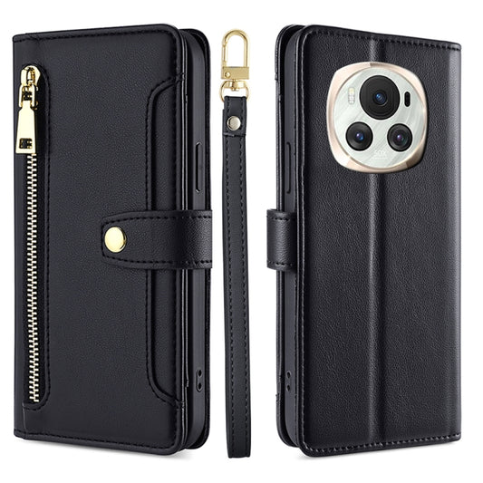 For Honor Magic6 5G Sheep Texture Cross-body Zipper Wallet Leather Phone Case(Black) - Honor Cases by PMC Jewellery | Online Shopping South Africa | PMC Jewellery | Buy Now Pay Later Mobicred