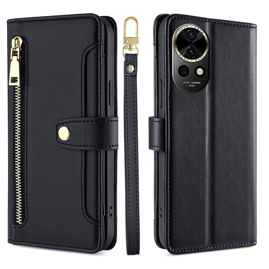 For Huawei nova 12 5G Sheep Texture Cross-body Zipper Wallet Leather Phone Case(Black) - Huawei Cases by PMC Jewellery | Online Shopping South Africa | PMC Jewellery | Buy Now Pay Later Mobicred