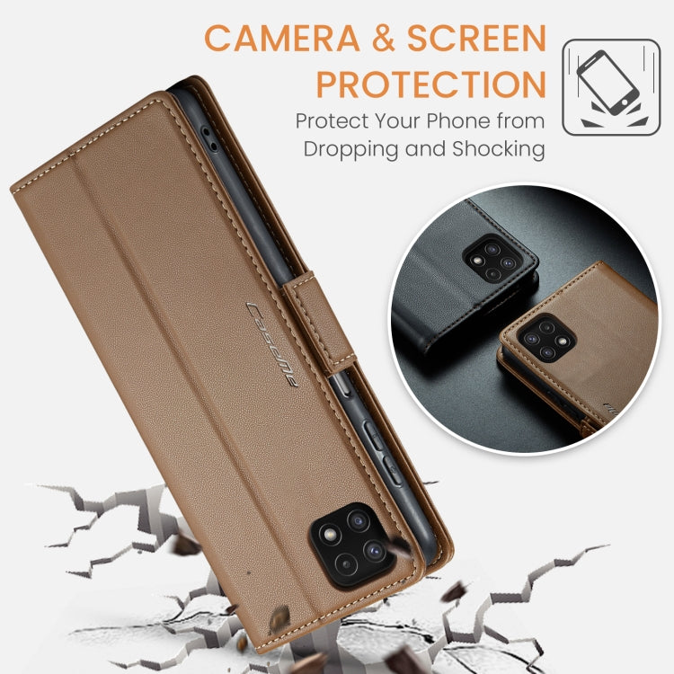 For Samsung Galaxy A22 5G CaseMe 023 Butterfly Buckle Litchi Texture RFID Anti-theft Leather Phone Case(Brown) - Galaxy Phone Cases by CaseMe | Online Shopping South Africa | PMC Jewellery | Buy Now Pay Later Mobicred