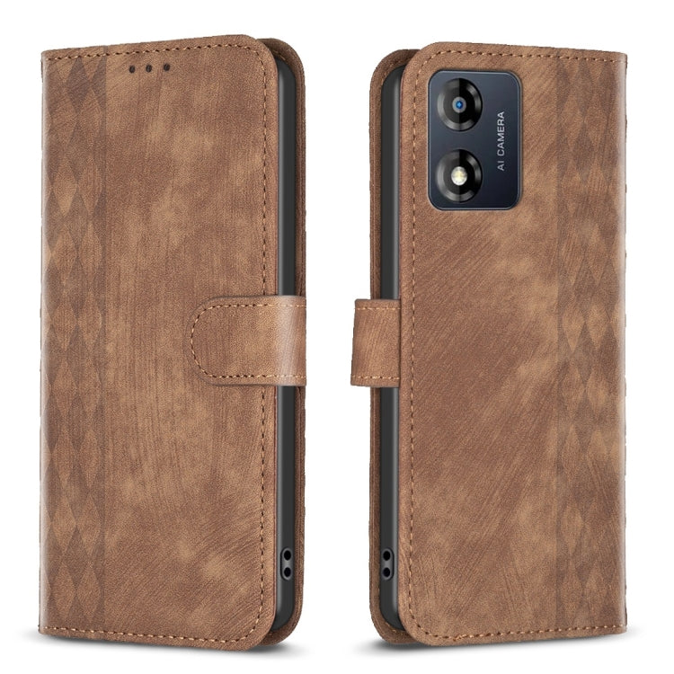 For Motorola Moto E13 4G Plaid Embossed Leather Phone Case(Brown) - Motorola Cases by PMC Jewellery | Online Shopping South Africa | PMC Jewellery | Buy Now Pay Later Mobicred