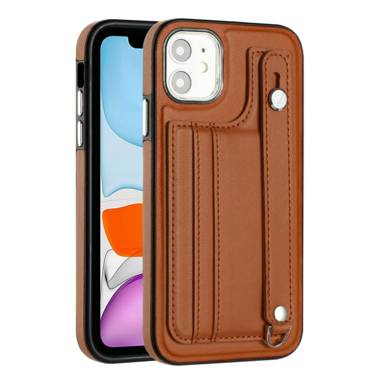 For iPhone 11 Shockproof Leather Phone Case with Wrist Strap(Brown) - iPhone 11 Cases by PMC Jewellery | Online Shopping South Africa | PMC Jewellery | Buy Now Pay Later Mobicred