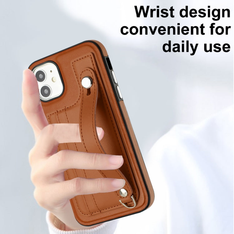 For iPhone 11 Shockproof Leather Phone Case with Wrist Strap(Brown) - iPhone 11 Cases by PMC Jewellery | Online Shopping South Africa | PMC Jewellery | Buy Now Pay Later Mobicred