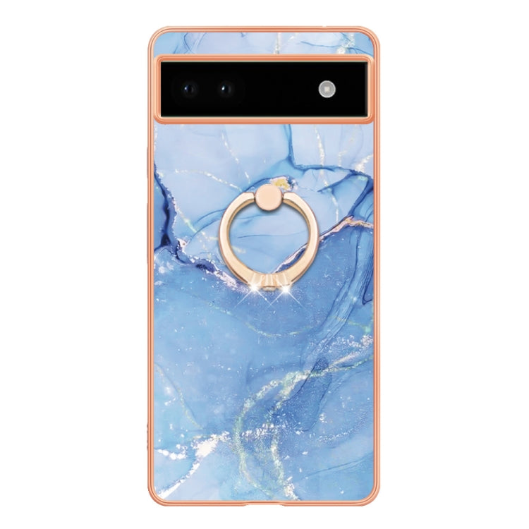 For Google Pixel 6a Electroplating Marble Dual-side IMD Phone Case with Ring(Blue 018) - Google Cases by PMC Jewellery | Online Shopping South Africa | PMC Jewellery | Buy Now Pay Later Mobicred