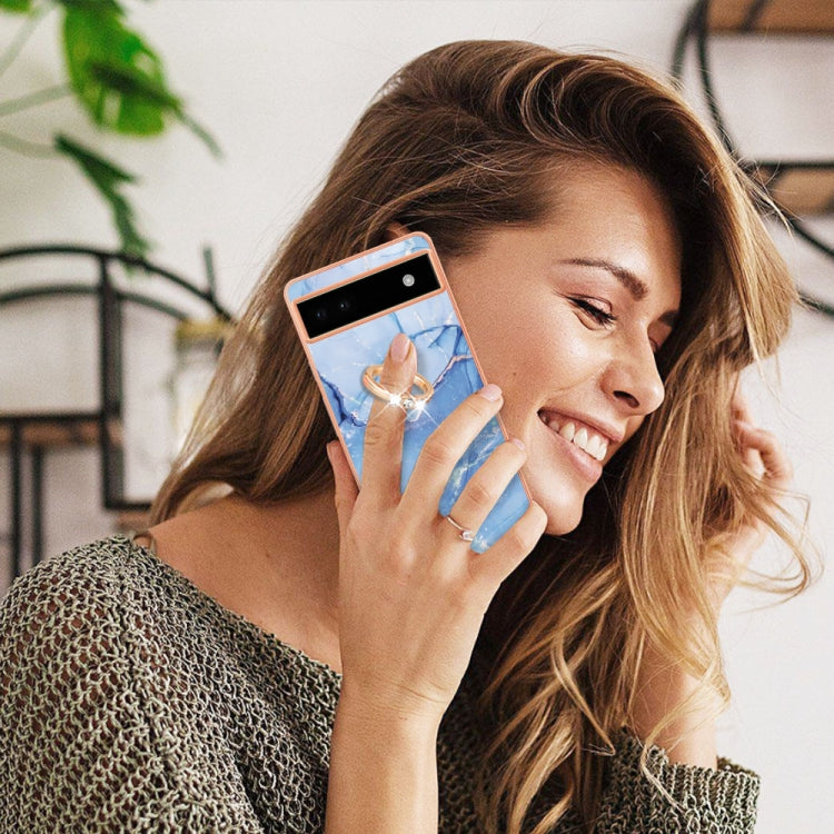 For Google Pixel 6a Electroplating Marble Dual-side IMD Phone Case with Ring(Blue 018) - free shipping - PMC TechLife - Order now!