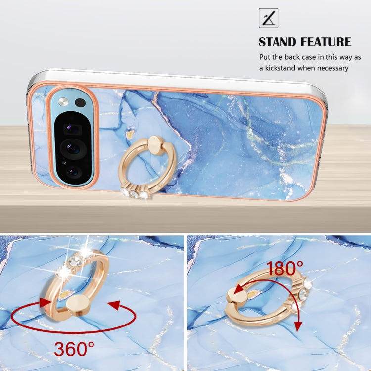 For Google Pixel 9 / 9 Pro Electroplating Marble Dual-side IMD Phone Case with Ring(Blue 018) - Google Cases by PMC Jewellery | Online Shopping South Africa | PMC Jewellery | Buy Now Pay Later Mobicred