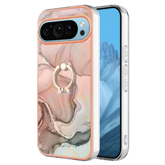 For Google Pixel 9 / 9 Pro Electroplating Marble Dual-side IMD Phone Case with Ring(Rose Gold 015) - Google Cases by PMC Jewellery | Online Shopping South Africa | PMC Jewellery | Buy Now Pay Later Mobicred