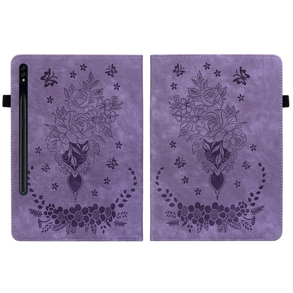 For Samsung Galaxy Tab S9 Butterfly Rose Embossed Leather Tablet Case(Purple) - Galaxy Tab S9 Cases by PMC Jewellery | Online Shopping South Africa | PMC Jewellery | Buy Now Pay Later Mobicred