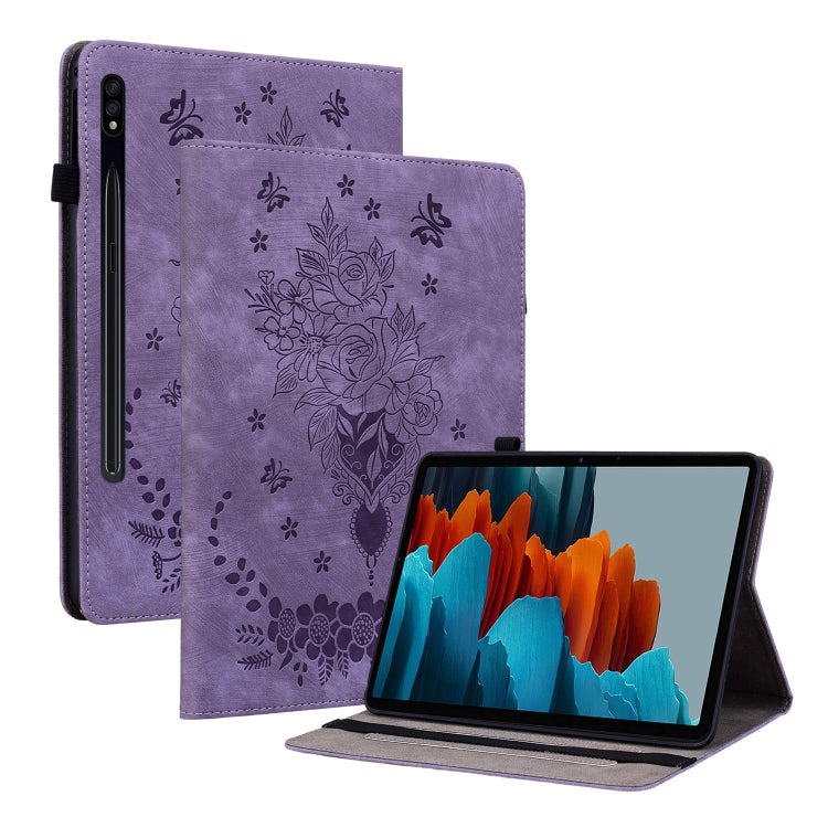 For Samsung Galaxy Tab S9+ Butterfly Rose Embossed Leather Tablet Case(Purple) - Galaxy Tab S9+ Cases by PMC Jewellery | Online Shopping South Africa | PMC Jewellery | Buy Now Pay Later Mobicred