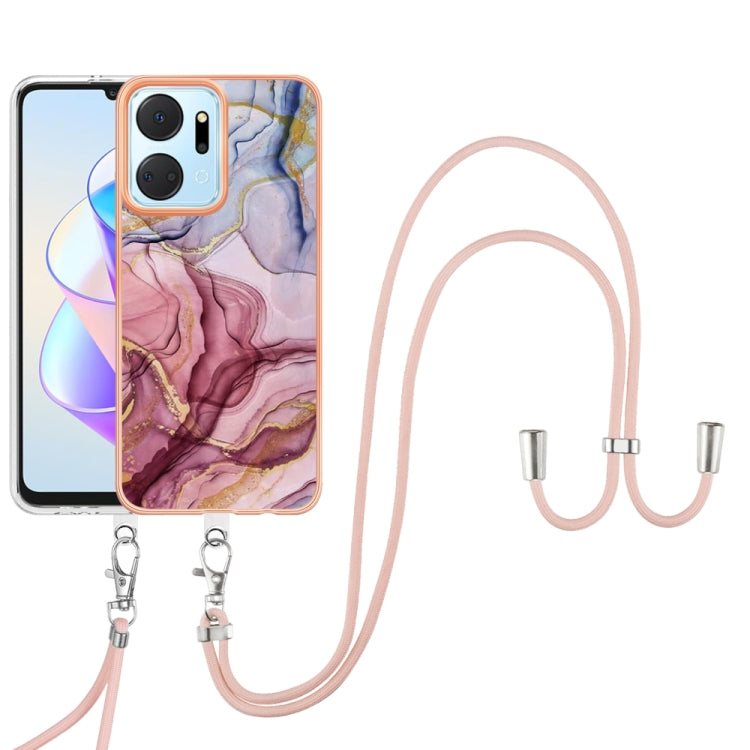 For Honor X7a Electroplating Marble Dual-side IMD Phone Case with Lanyard(Rose Red 014) - Honor Cases by PMC Jewellery | Online Shopping South Africa | PMC Jewellery | Buy Now Pay Later Mobicred