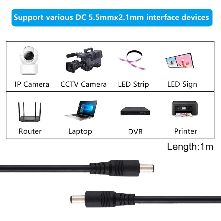 8A DC Power Plug 5.5 x 2.1mm Male to Male Adapter Connector Cable, Length:1m(Black) - Universal Power Adapter by PMC Jewellery | Online Shopping South Africa | PMC Jewellery