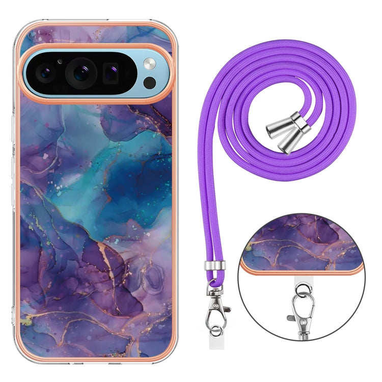 For Google Pixel 9 / 9 Pro Electroplating Marble Dual-side IMD Phone Case with Lanyard(Purple 016) - Google Cases by PMC Jewellery | Online Shopping South Africa | PMC Jewellery | Buy Now Pay Later Mobicred