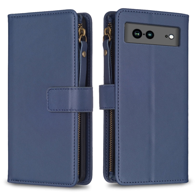 For Google Pixel 7a 9 Card Slots Zipper Wallet Leather Flip Phone Case(Blue) - Google Cases by PMC TechLife | Online Shopping South Africa | PMC TechLife | Buy Now Pay Later Mobicred